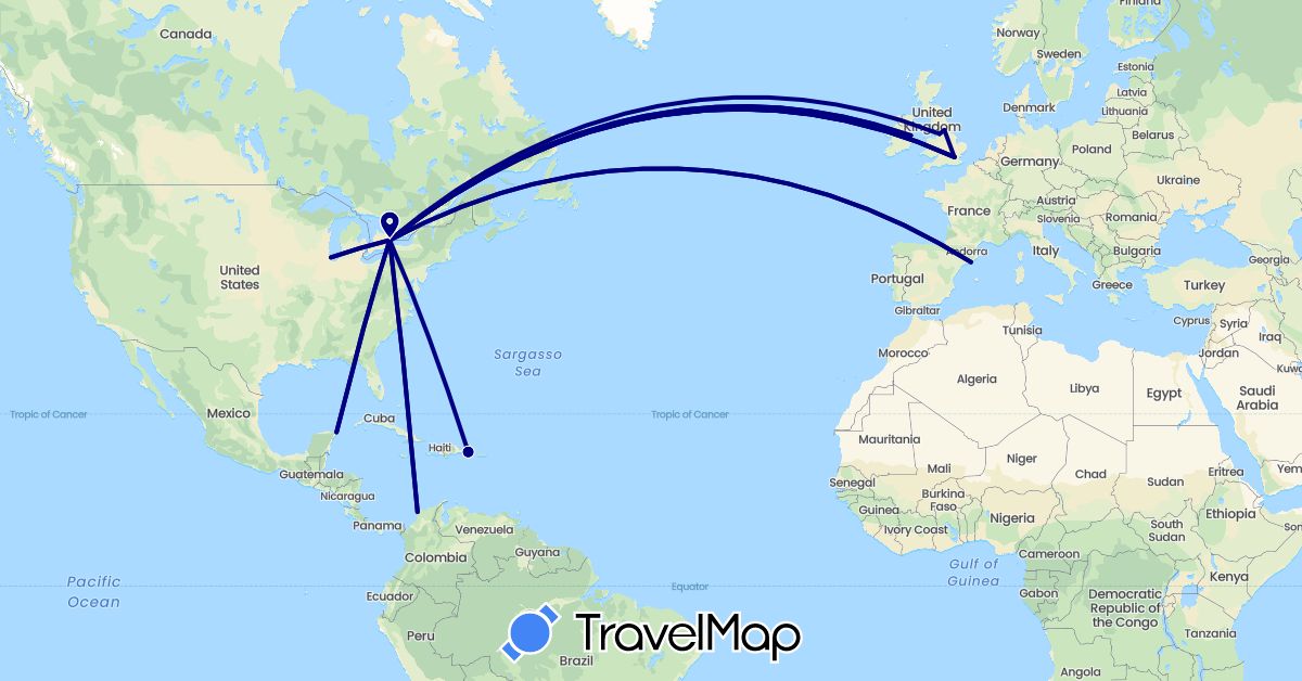 TravelMap itinerary: driving in Canada, Colombia, Dominican Republic, Spain, United Kingdom, Ireland, Mexico, United States (Europe, North America, South America)